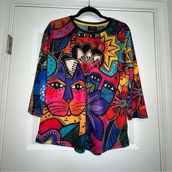 Laurel Burch Cat Garden Party Print 3/4 Length Sleeve Statement Shirt Top - Picture 5 of 12